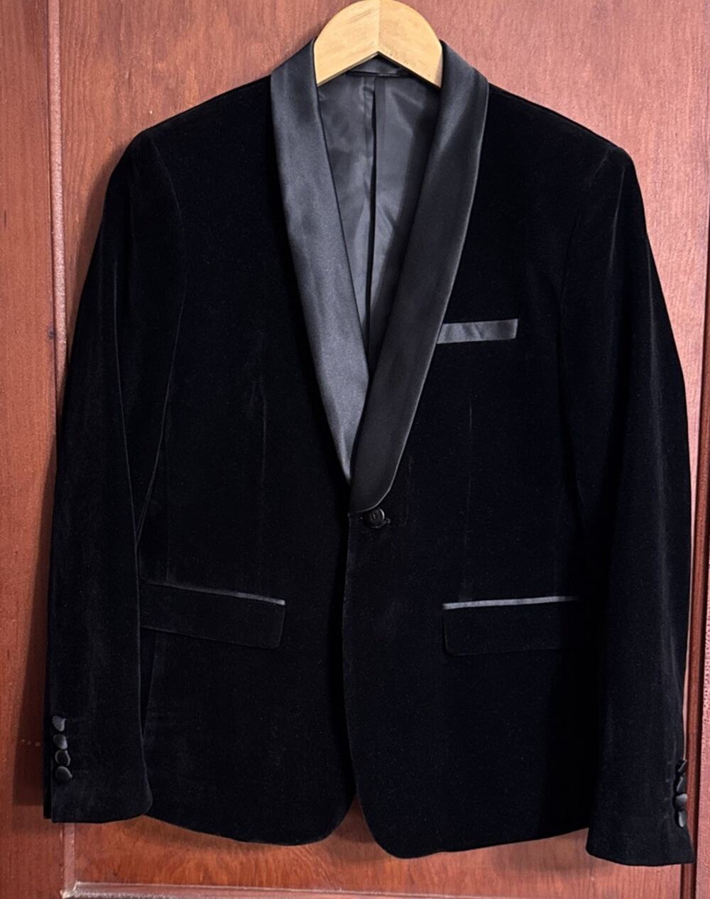 Boys Black Velvet Tuxedo Blazer 170cm(US 16) Satin Collar Formal Dinner Jacket